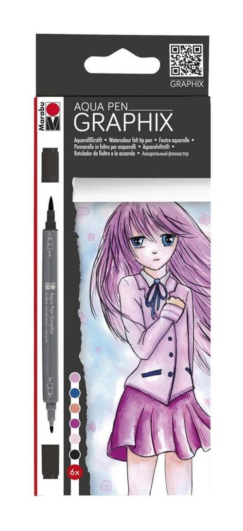 Graphix Aqua Pen Çift Uçlu Grafik Çizim Manga Marker Kalemi Seti 6 Renk Ma Ke Manga