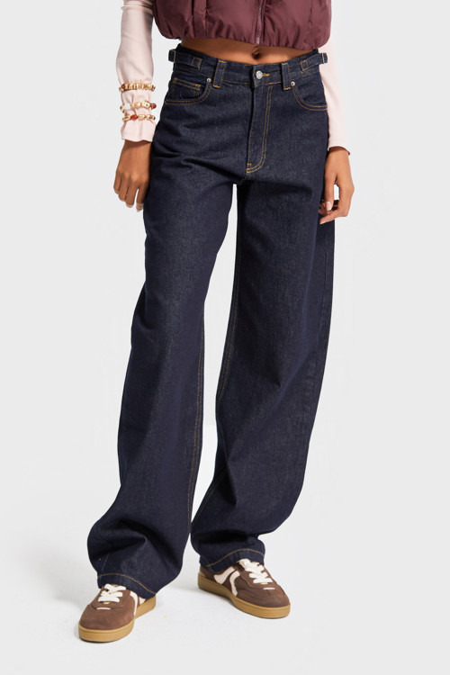 Kadın İndigo Renk Lotus 7w5-50 Baggy Fit İç Boy 83cm Kemer Detaylı %100 Koton Denim Jean