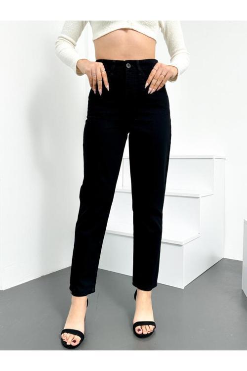 Siyah Kadın Mom Jean Yüksek Bel Likrasız %100 Pamuk Kot Pantolon Anna Model