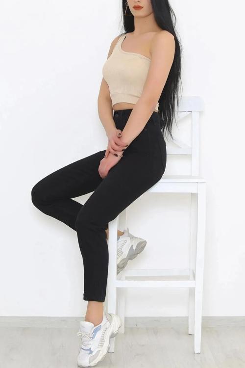 Likralı Siyah Mom Jean Pantolon
