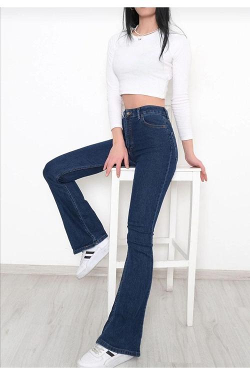 Ganikus Pamela Kadın 90's Lacivert İspanyol Paça Yüksek Bel Extra Likralı Jeans Kot Pantolon