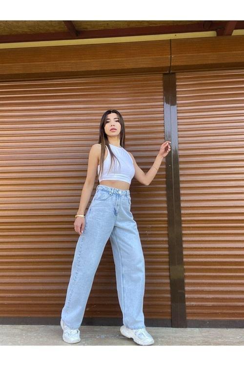 90's Kar Yıkama Mavi Likralı Süper Yüksek Bel Salaş Jeans Palazzo Pantolon