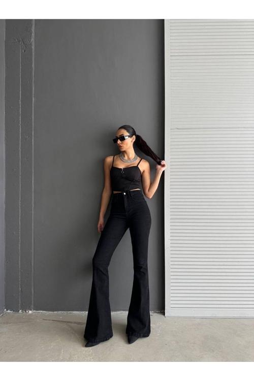 Anna Solmayan Yüksek Bel Siyah Ispanyol Paça Comfort Likralı Jeans Pantolon