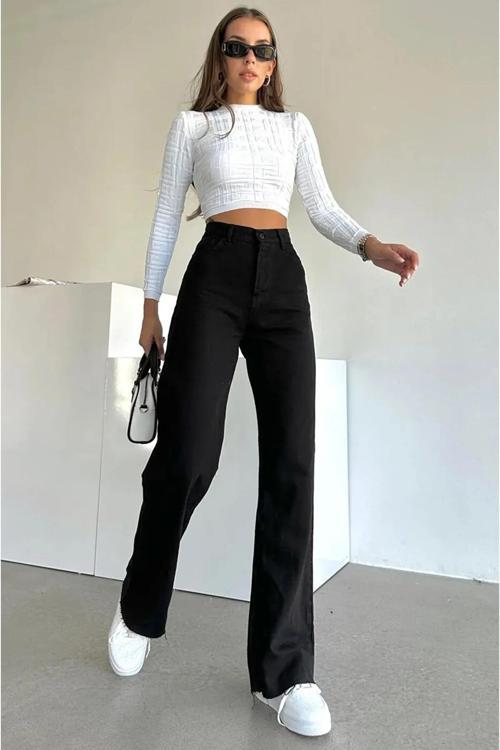 Pamela Kadın Solmayan Siyah Süper Yüksek Bel Wide Leg Comfort Likralı Palazzo Jeans Pantolon