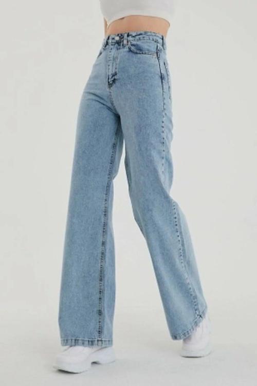 Kadın Açık Mavi Kar Yıkama Yüksek Bel Comfort Likralı Bol Paça Denim Palazzo Kot Pantolon Jeans