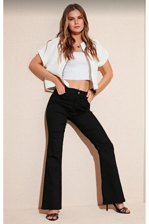 90's Kadın Siyah Yüksek Bel Ispanyol Paça Jeans