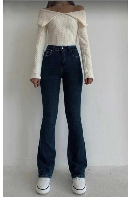 Ispanyol Paça Lacivert Yüksek Bel Ispanyol Paça Comfort Likralı Kot Pantolon Jeans