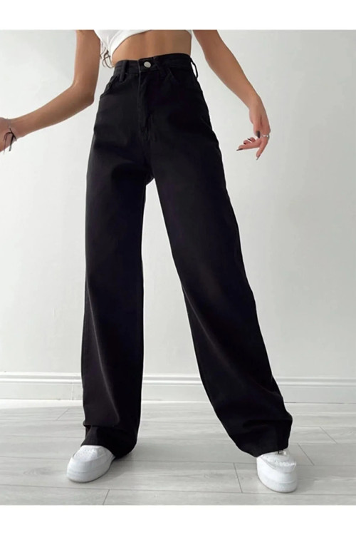 Pamela Kadın Yüksek Bel Solmayan Siyah Wide Leg 90's Likralı Palazzo Jeans Pantolon