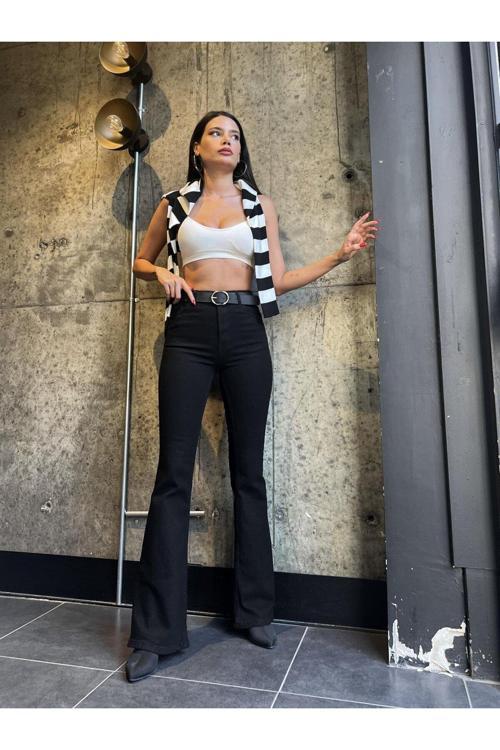 Ispanyol Paça Jean Siyah Solmaz Ekstra Likra Yüksek Bel Uzun Bacak (TOPARLAYICI)