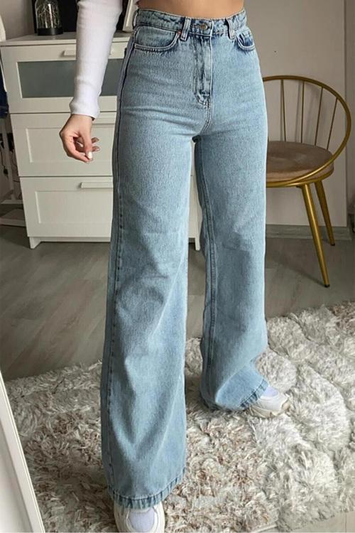 Kadın Mavi Yüksek Bel Salaş Geniş Paça Pantolon Bol Paça Pantolon Kar Yıkamalı Palazzo Jeans