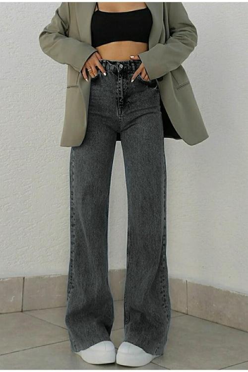 Taylor Kadın Füme Likralı Bol Paça Jean Salaş Wide Leg Antrasit Kot Pantolon