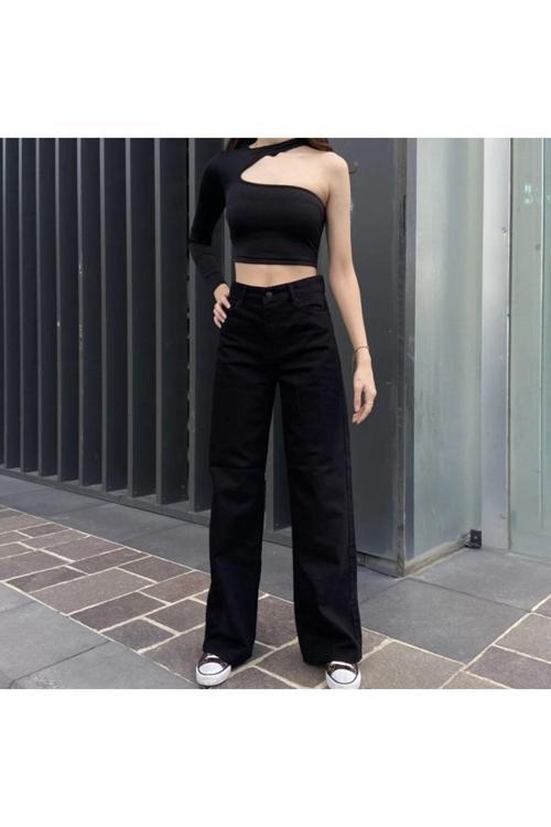 Ganikus Kadın Solmayan Siyah Süper Yüksek Bel Comfort Likralı Palazzo Kot Pantolon Jeans