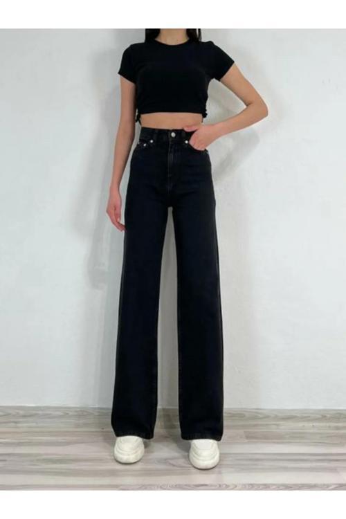 Pamela Kadın 90's Wide Leg Jeans Siyah Salaş Yüksek Bel Likralı Palazzo Kot Pantolon