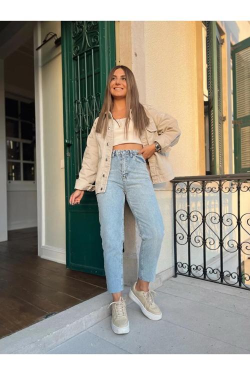 Ganikus Kadın Mom Jeans Kot Pantolon Mavi Kar