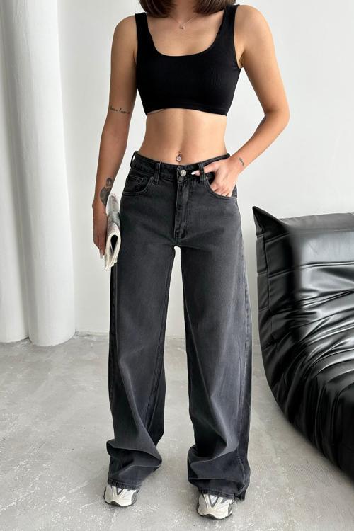 Kadın Yüksek Bel Oversize Bol Paça Baggy Antrasit Kot Pantolon