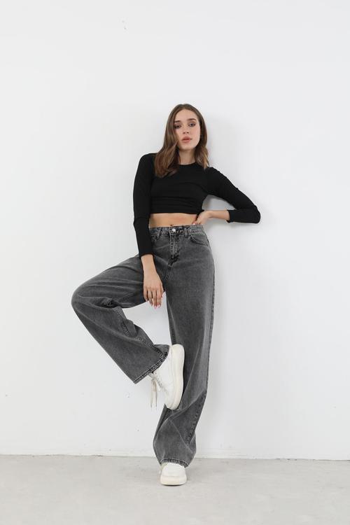 Ganikus Jnswrld Gül Füme Power Likralı Süper Yüksek Bel Salaş Jeans Palazzo Pantolon Jnswrld
