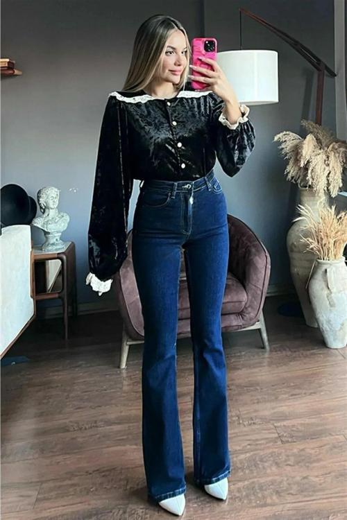 New Ispanyol Lacivert Flare Kot Likralı Ekstra Esnek Jeans Kot Pantolon