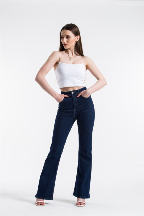 Lacivert Yüksek Bel Likralı Ispanyol Jeans, Ispanyol Paça Kadın Kot Pantolon