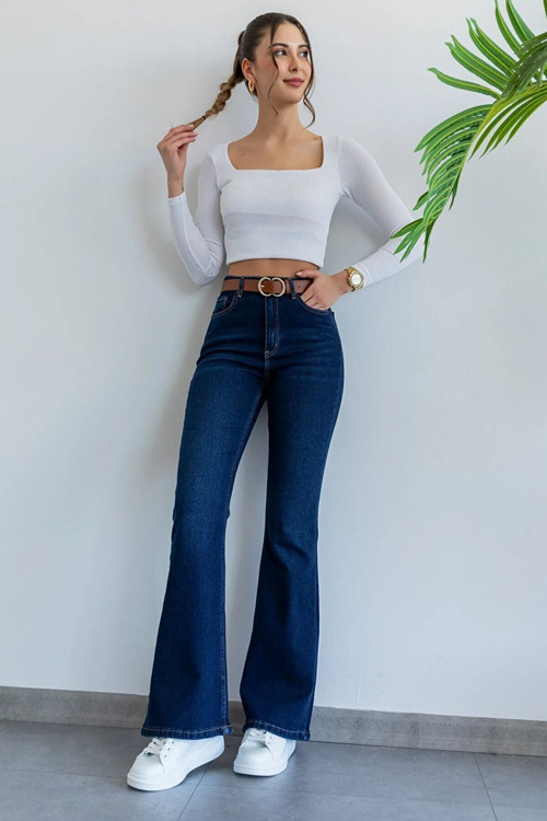 Pamela Ispanyol Lacivert Kot Yüksek Bel Likralı Ekstra Esnek Flare Jeans Kot Pantolon