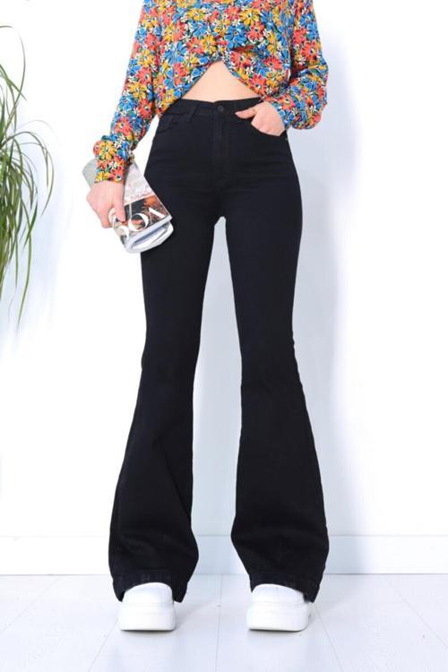 Ispanyol Paça Siyah Jean Ekstra Likra Yüksek Bel Uzun Bacak (toparlayıcı)