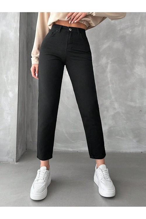 Kadın Siyah Mom Kot Yüksek Bel Likralı Jeans Kot Pantolon 2025