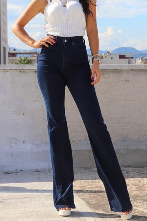 Ganikus JnsWrld Cold Ispanyol Women Koyu Mavi Ispanyol Paça Kot Pantolon Yüksek Bel