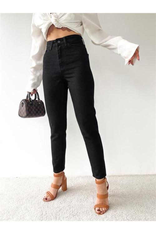 Ganikus Yüksek Bel Düz Mom Jean-siyah