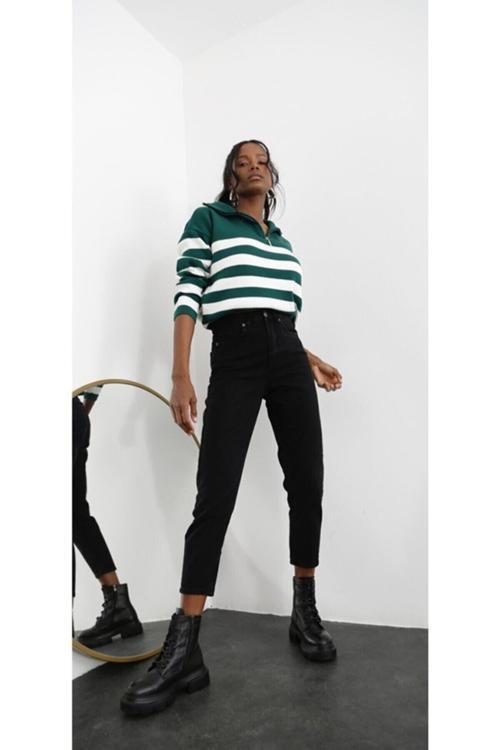 Ganikus Mary Siyah Yüksek Bel Mom Jeans
