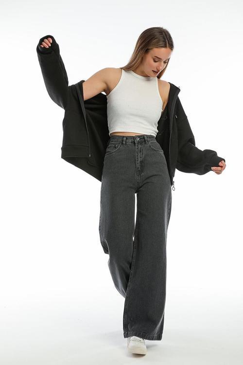 Ganikus Füme Power Likralı Süper Yüksek Bel Salaş Jeans jeans Palazzo Pantolon