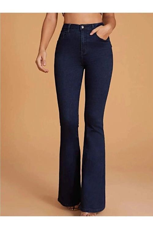 Kadın Lacivert Yüksek Bel İspanyol Paça Toparlayıcı Jean Kot Pantolon
