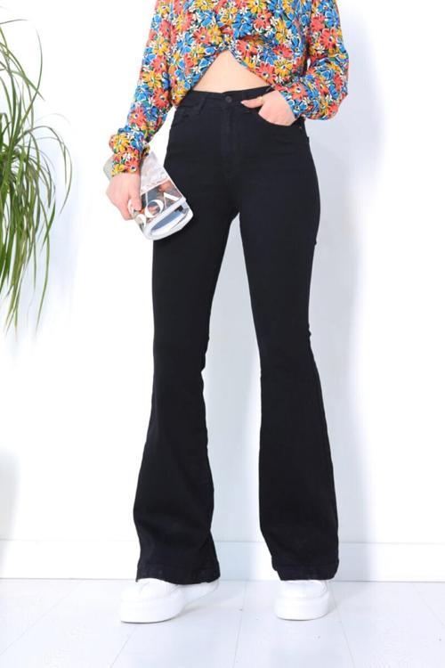 Siyah Likralı Yüksek Bel Wide Leg İspanyol Jean Pantolon
