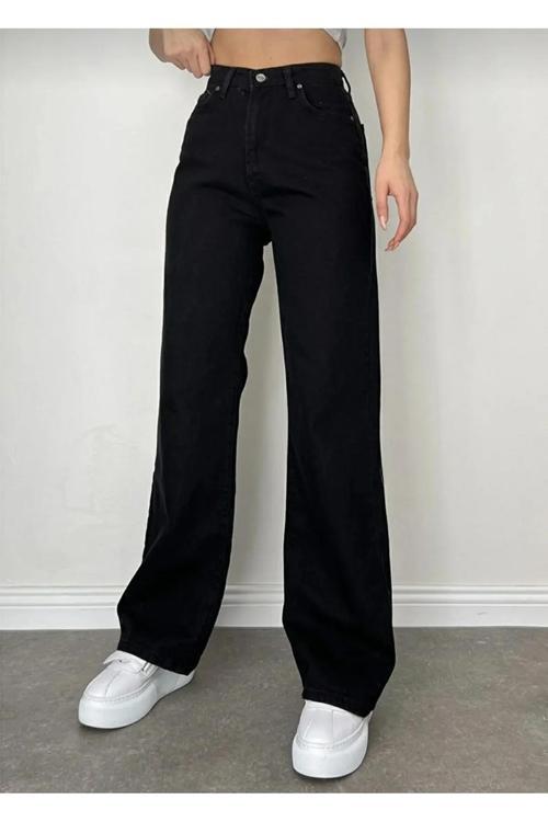 Kadın Yüksek Bel Solmayan Siyah Yıkama Wide Leg Likralı Palazzo Jeans Pantolon