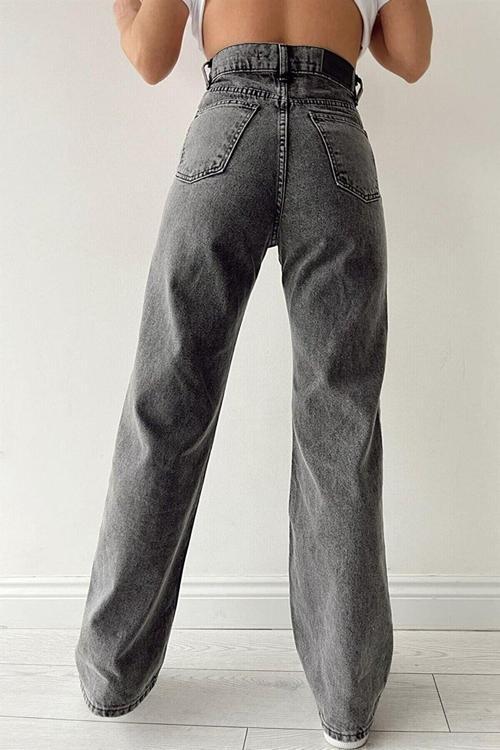 Ganikus Füme Kadın JeansCharm Yüksek Bel Bol Paça Baggy Kot Pantolon Jns