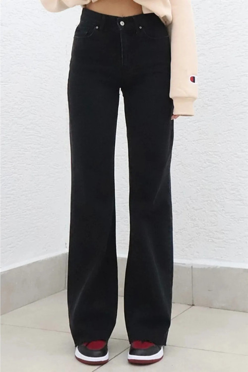 Kadın Yüksek Bel Siyah Wide Leg 90's Likralı Palazzo Jeans Pantolon
