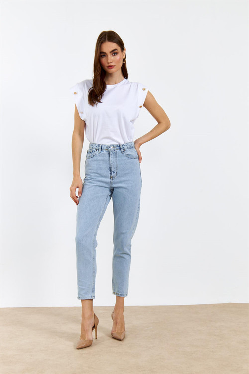 Ganikus Mom Mavi Kar Jeans Esnek Kadın Kot Pantolon