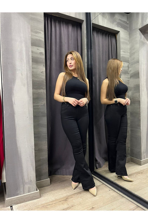 Ganikus Siyah Renk Yüksek Bel Dar Kesim İspanyol Paça Kot Pantolon 01030
