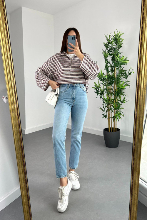 Jnswrld Kar Mom Mavi Rahat Kadın Solmaz Jeans Pantolon