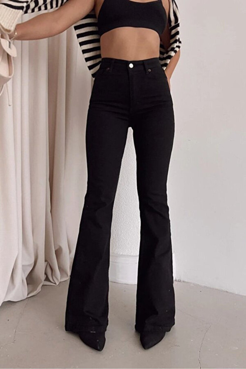 Ganikus ANGELA- Yüksek Bel Siyah Ispanyol Paça Kot Pantolon Likralı Esnek Jeans
