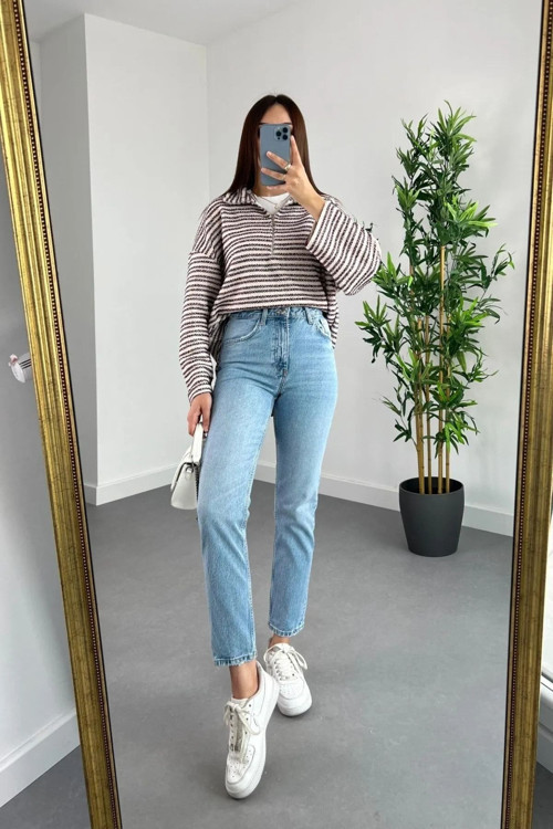 Kadın Açık Mavi Asit Kar Yıkama Süper Yüksek Bel Comfort Likralı Mom Kot Pantalon Jeans