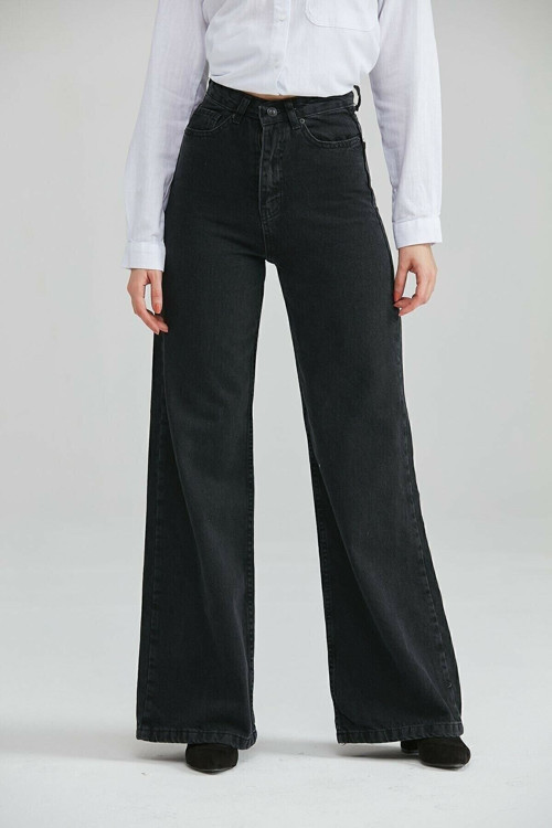 Ganikus Jayla Extra Yüksek Solmaz Siyah Salaş Jeans Palazzo Pantolon