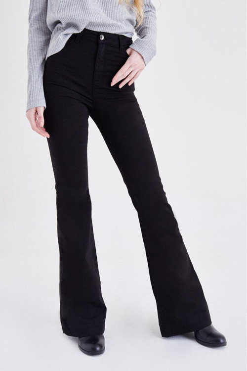 Ganikus Pamela Ispanyol Siyah Kot Yüksek Bel Likralı Flare Jeans Kot Pantolon
