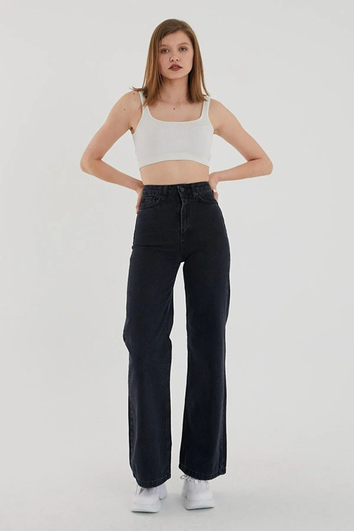 Ganikus Siyah Yüksek Bel Likralı Bol Paça Jeans Kot Pantolon