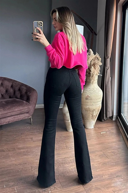 Ganikus Sara Kot Kadın 90's Siyah İspanyol Paça Yüksek Bel Extra Likralı Jeans
