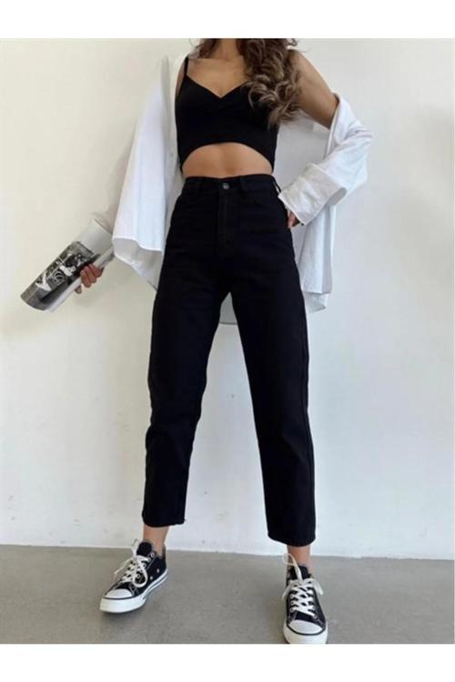 Ganikus SOLMAYAN SİYAH KADIN BOYFRİEND JEANS