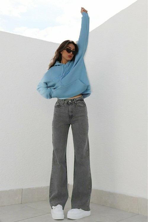 Jnswrld Kadın Füme Power Likralı Süper Yüksek Bel Salaş Jeans Palazzo Pantolon