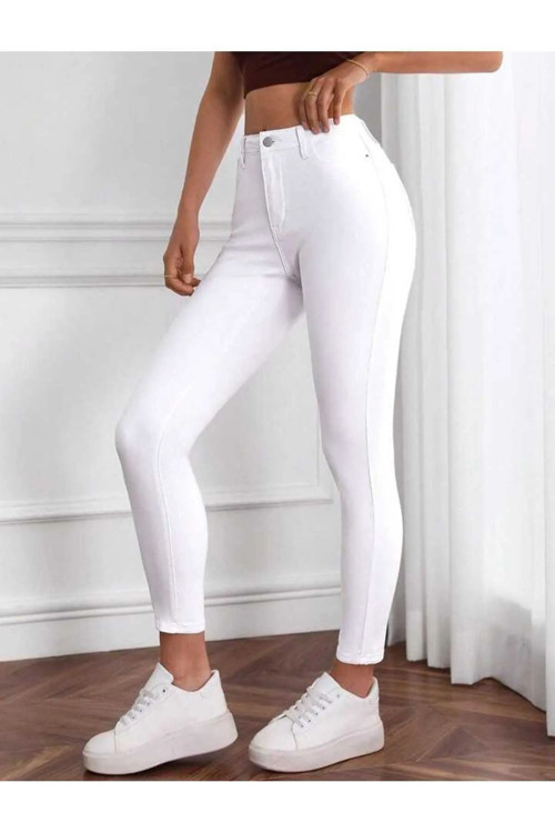 Ganikus Kadın Penya Beyaz Dar Jeans Skinny Likralı Rahat Kesim Jeans Pantolon