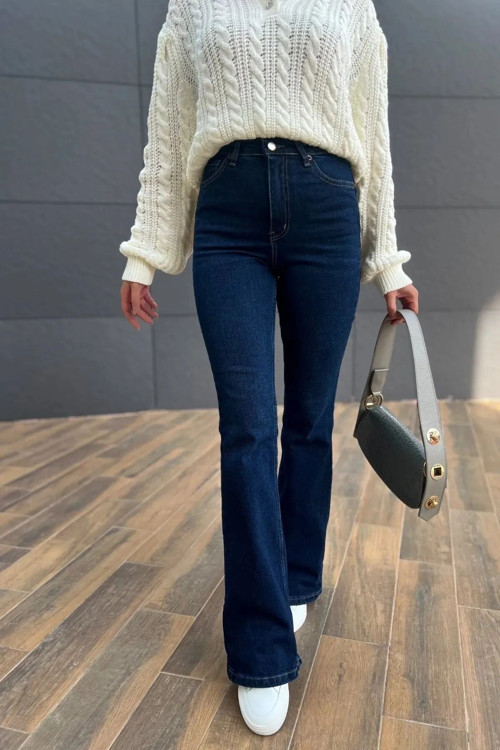Ganikus Pamela Kadın 90's Lacivert İspanyol Paça Yüksek Bel Extra Likralı Jeans Kot Pantolon