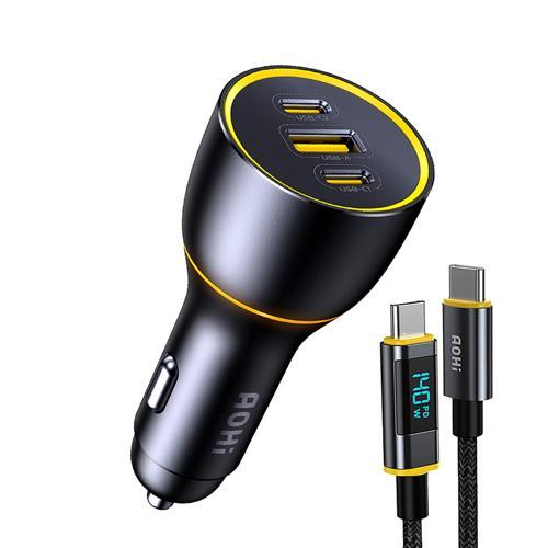 Araç İçi 3 Portlu 170W Şarj Cihazı, 140W LED Ekranlı Naylon Örgülü Süper Hızlı Şarj Kablosu