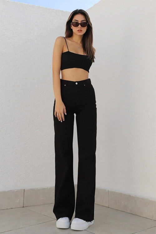 Ganikus Süper Yüksek Bel Wide Leg Jeans Likralı Salaş Paça Kot Pantolon Siyah Bol Paça