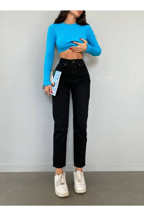 Kadın Mom Yüksek Bel Solmayan Siyah Boyfriend Jean(tam kalıp)